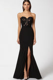 Black Lace Satin Strapless Mermaid Formal Dress with Slit