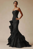 Black Strapless Ruffled Mermaid Long Formal Dress
