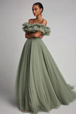 Dusty Sage Ruffled Strapless A Line Formal Dress