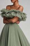 Dusty Sage Ruffled Strapless A Line Formal Dress