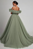 Dusty Sage Ruffled Strapless A Line Formal Dress