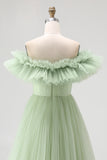 Strapless A-Line Dusty Sage Formal Dress With Ruffles