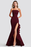 Burgundy Mermaid Strapless Ruffled Formal Dress