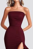 Burgundy Mermaid Strapless Ruffled Formal Dress