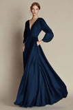 Navy A Line V Neck Satin Long Sleeves Formal Dress