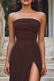 Strapless Coffee Sheath Ruched Formal Dress with Slit