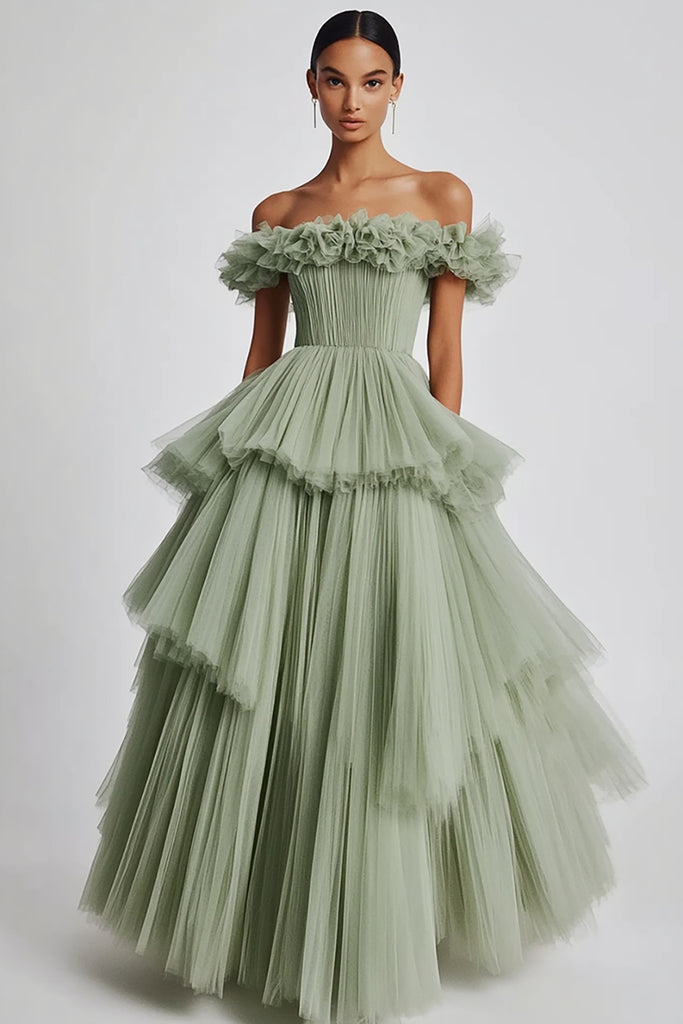 Weitese Dress A-line Sparkly Off the Shoulder Ruffle Long Prom Dress Long Party Dress