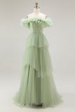 Dusty Sage Off The Shoulder A Line Ruffle Long Prom Dress