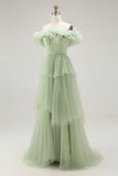 Dusty Sage Off The Shoulder A Line Ruffle Long Prom Dress