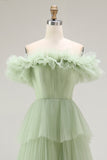 Dusty Sage Off The Shoulder A Line Ruffle Long Prom Dress