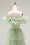 Dusty Sage Off The Shoulder A Line Ruffle Long Prom Dress