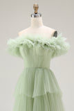 Dusty Sage Off The Shoulder A Line Ruffle Long Prom Dress