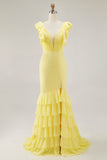 Yellow V-Neck Mermaid Ruffles Formal Dress with Slit