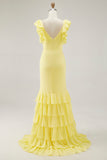 Yellow V-Neck Mermaid Ruffles Formal Dress with Slit