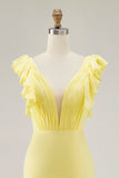 Yellow Mermaid V-Neck Tiered Long Formal Dress with Ruffled Slit