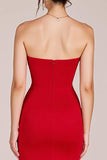 Red Strapless Ruched Mermaid Long Formal Dress with Slit