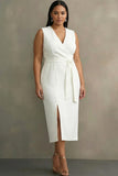 Plus Size White V-Neck Satin Midi Formal Dress with Belt