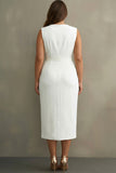 Plus Size White V-Neck Satin Midi Formal Dress with Belt