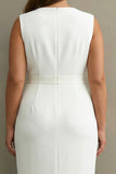 Plus Size White V-Neck Satin Midi Formal Dress with Belt