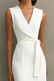 White Satin V-Neck Formal Dress with Belt