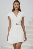White A Line Short Formal Dress with Belt