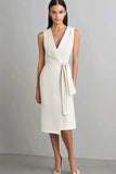 Ivory V-Neck Knee Length Formal Dress with Belt