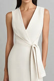 Ivory V-Neck Knee Length Formal Dress with Belt