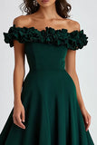 Dark Green Off The Shoulder Satin Ruffled Formal Dress