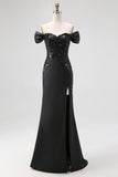 Off The Shoulder Sequins Satin Mermaid Black Gala Dress with Slit