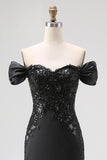 Off The Shoulder Sequins Satin Mermaid Black Gala Dress with Slit