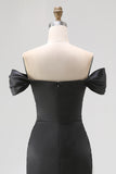 Black Off The Shoulder Satin Mermaid Gala Dress with Slit