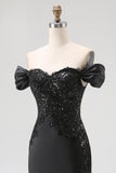 Off The Shoulder Sequins Satin Mermaid Black Gala Dress with Slit