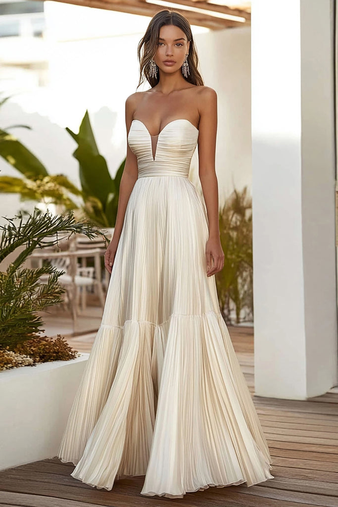 Zapaka Women Strapless Champagne Wedding Guest Dress A Line Pleated