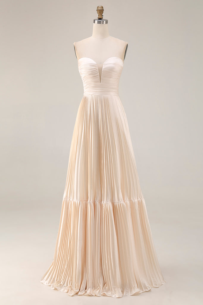 Zapaka Women Strapless Champagne Wedding Guest Dress A Line Pleated