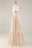 Champagne Strapless A Line Pleated Long Wedding Guest Dress