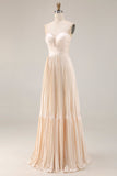 Champagne Strapless A Line Pleated Long Wedding Guest Dress