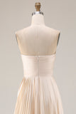 Champagne Strapless A Line Pleated Long Wedding Guest Dress