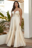 Champagne Pleated Strapless A Line Long Plus Size Wedding Guest Dress