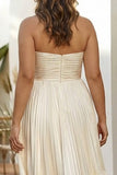 Champagne Pleated Strapless A Line Long Plus Size Wedding Guest Dress