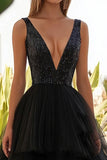 Black Sequin A Line Tulle Wedding Guest Dress