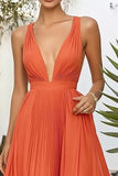 Orange A Line Pleated Wedding Guest Dress