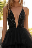 Black A Line Deep V Neck Sequin Wedding Guest Dress