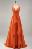 Orange Ruffled A Line Organza Wedding Guest Dress