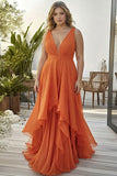 Orange Ruffled V Neck A Line Chiffon Long Plus Size Wedding Guest Dress