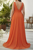 Orange Ruffled V Neck A Line Chiffon Long Plus Size Wedding Guest Dress