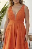 Orange Ruffled V Neck A Line Chiffon Long Plus Size Wedding Guest Dress