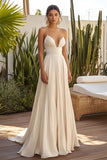 Champagne Pleated Spaghetti Straps Long Wedding Guest Dress