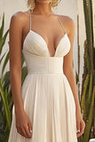 Champagne Pleated Spaghetti Straps Long Wedding Guest Dress