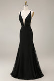 Black Mermaid Satin Long Formal Dress With Lace