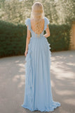 Sky Blue V-Neck Chiffon Long Bridesmaid Dress with Ruffles